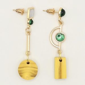 Handmade Asymmetrical Wood & Gemstone Earrings